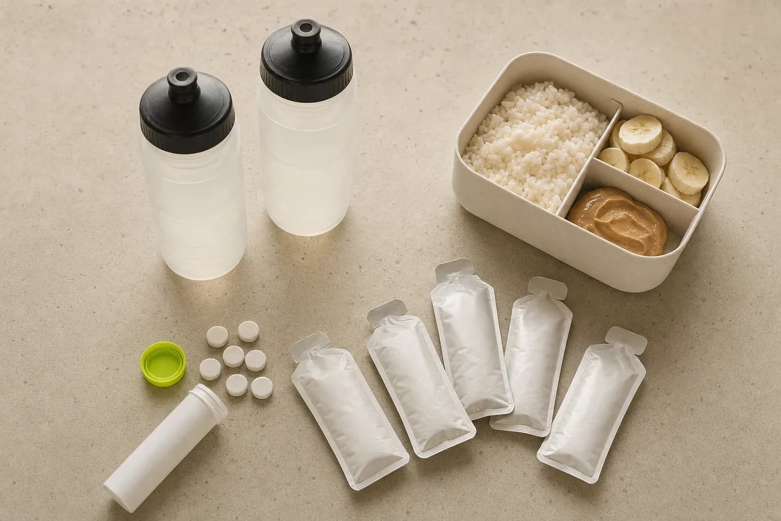 Nutrition de course triathlon à plat : bidons, gels, sel.