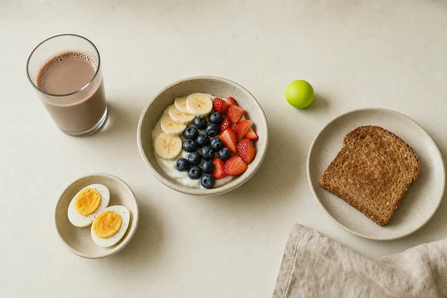 Aliments de récupération à plat : lait chocolaté, yaourt, œufs, banane.