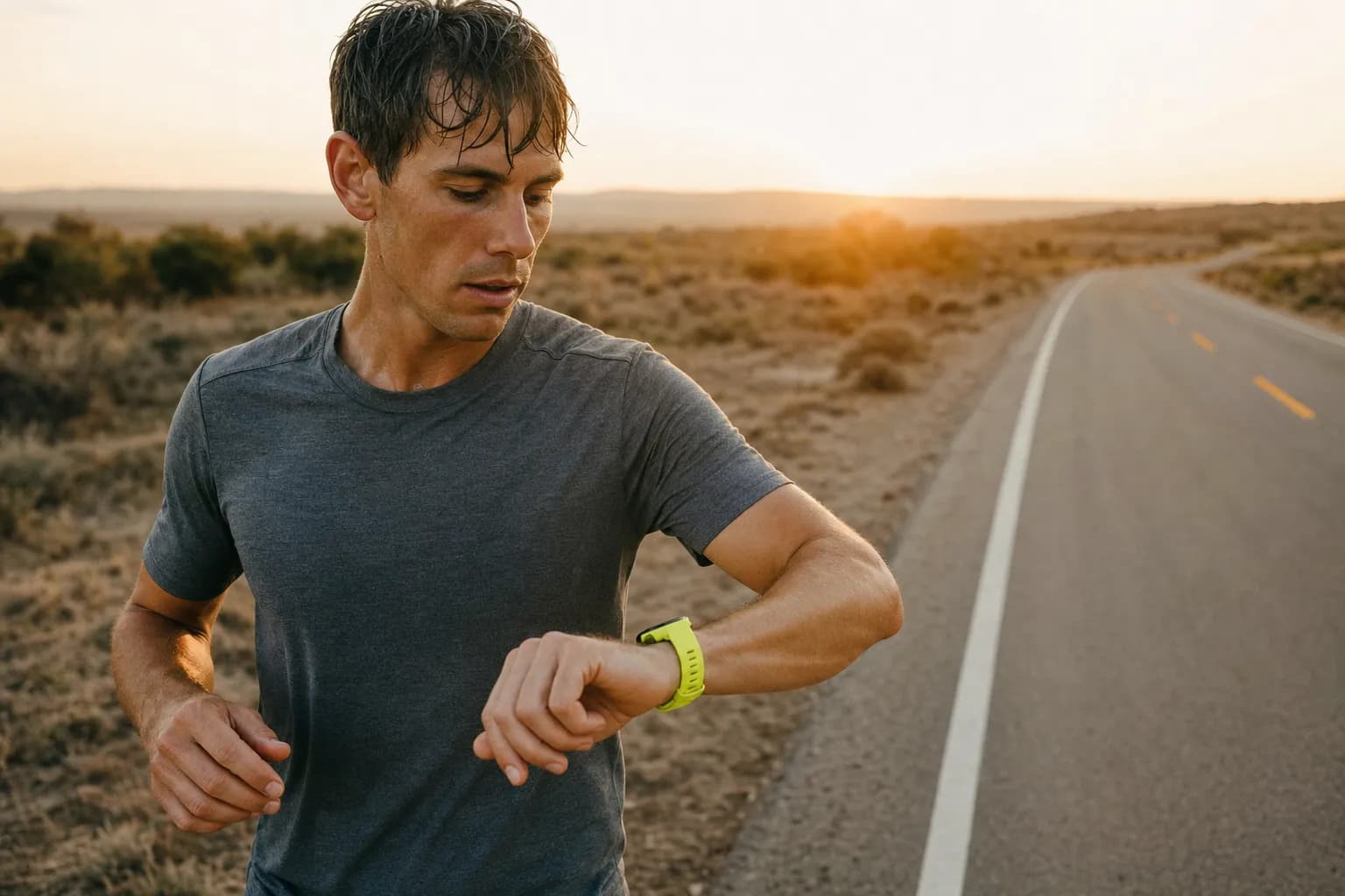 Coureur vérifiant sa montre GPS, allure maîtrisée.