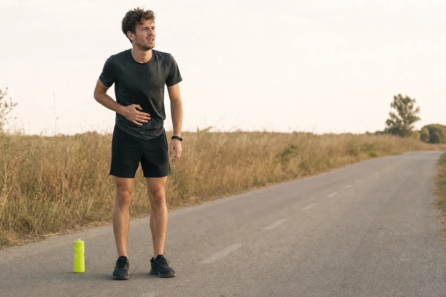 Coureur faisant une pause, une main sur le ventre.
