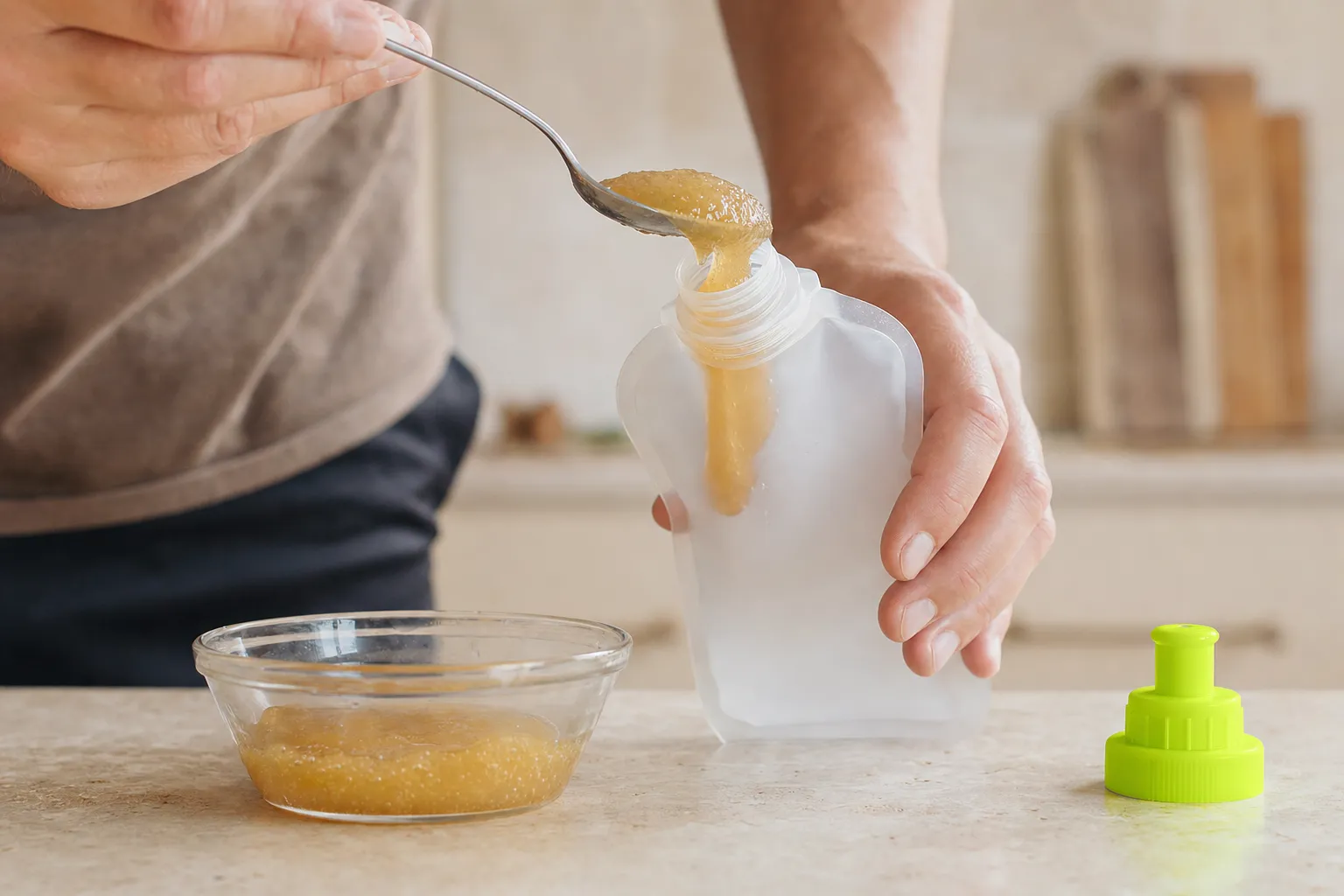 Remplissage d'une flasque souple avec un gel énergétique maison.