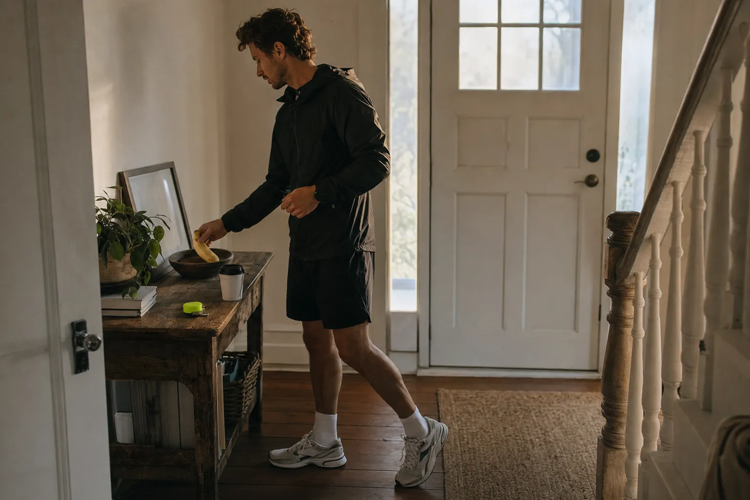 Coureur prenant une banane et un café tôt le matin avant de partir.