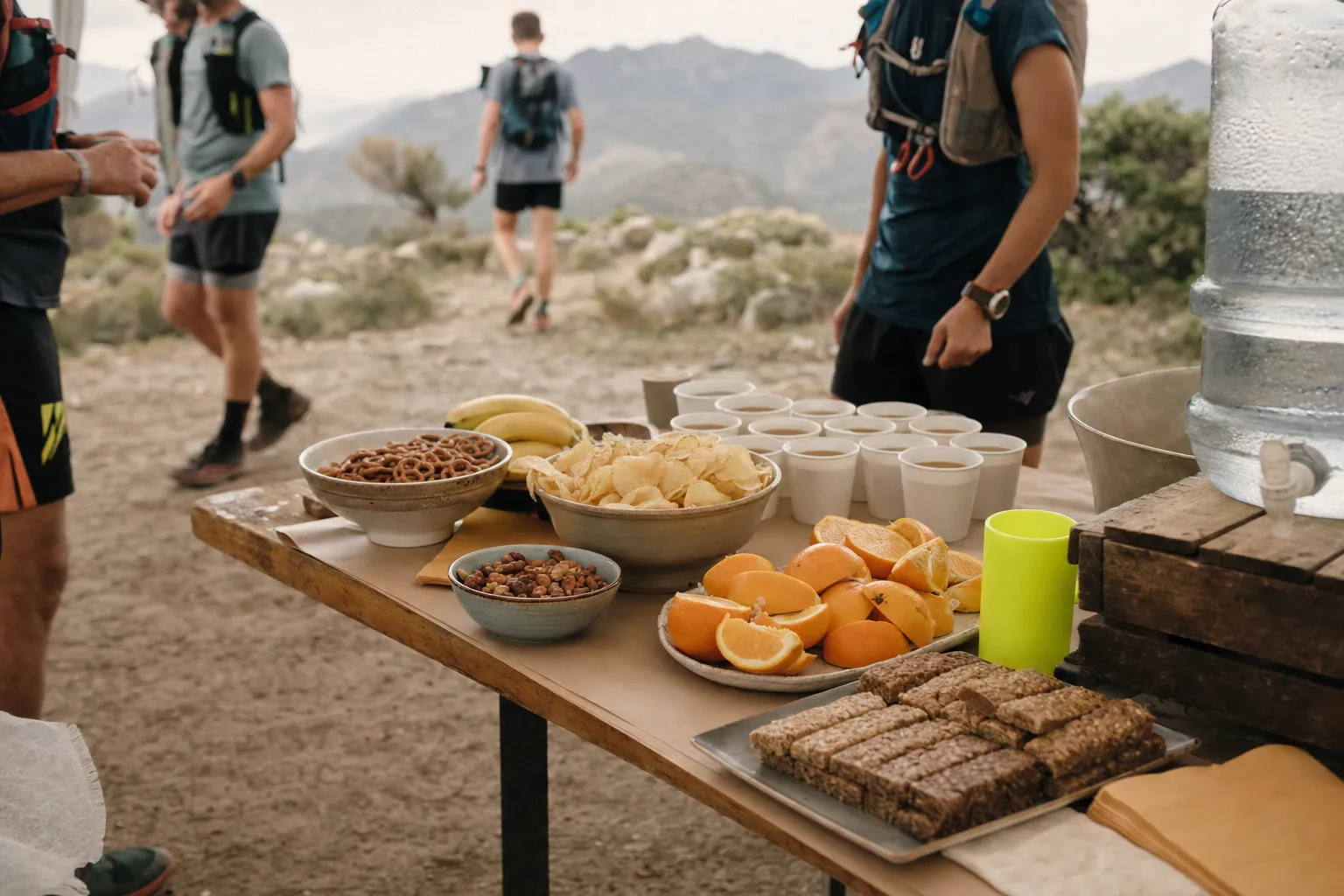 Table de ravitaillement de trail garnie de nourriture.