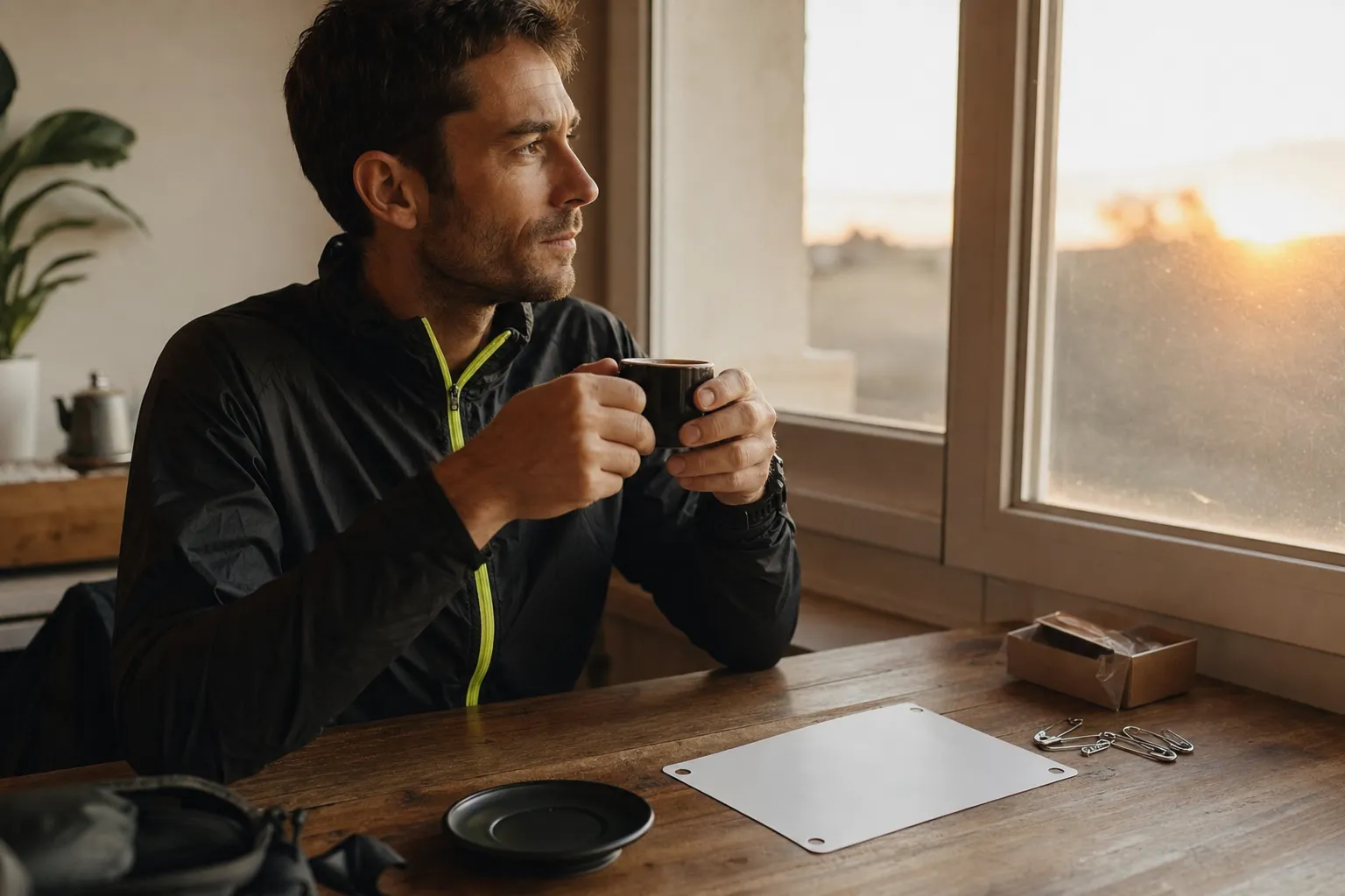 Le rituel d'avant-course : espresso au lever du jour, dossard prêt.